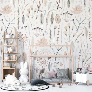 Papier peint à fleurs aux couleurs de la bohème, décoration murale fleurs petites herbes, papier peint à fleurs pour chambre d'enfant, décoration murale amovible et personnalisable