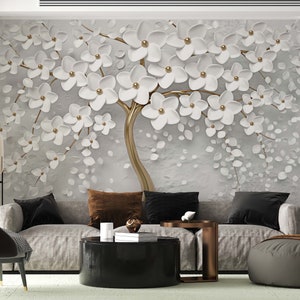 3D Flowers Gold Tree Body Wallpaper, 3D Looking Wall Decor, Elegante decorazione artistica floreale, murale personalizzato, carta da parati autoadesiva