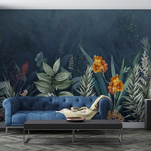 Vintage Botanical Floral Wallpaper, Stylish Navy Blue Backraund Wall ...