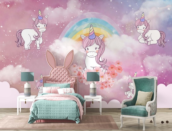 Little Cute Unicorn Kids Room Wallpaper Pink Sky Mural Customizable Watercolor Wallpaper Easy Removable Nursery Mural Etsy