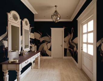 Tapet med tranfågel i Chinoiserie-stil: Fototapet med tranfåglar, självhäftande hägertryck