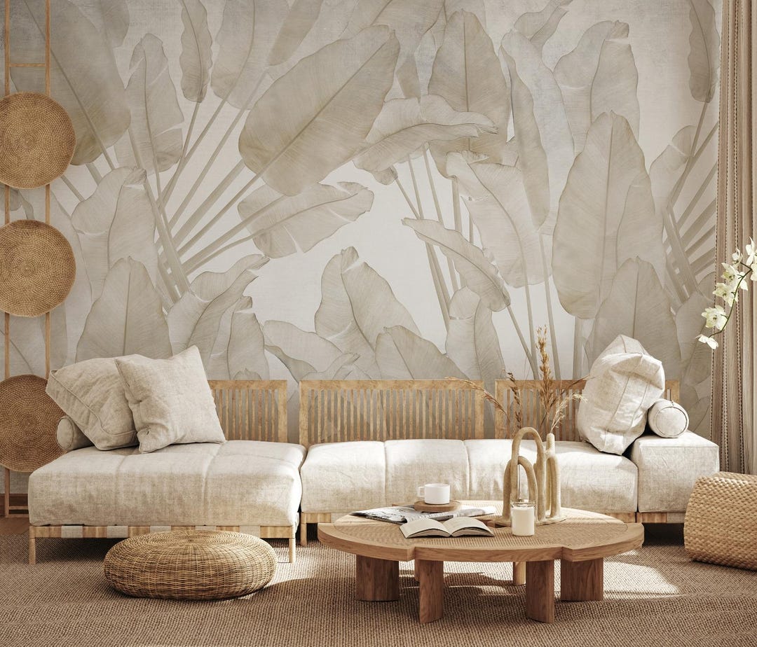 Tropical Wall Wallpaper, Beige Peel and Stick, Banana Leaves Mural ...