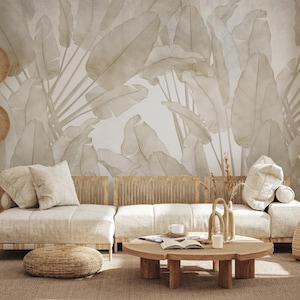 Carta da parati tropicale, beige staccabile e attaccabile, murale con foglie di banano, murale vintage, foglia di banano tropicale, murale dai colori tenui