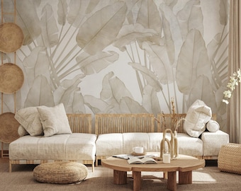 Tropical Wall Wallpaper, Beige Peel and Stick, Banana Leaves Mural, Vintage Wall Mural, Tropical Banana Leaf, Soft Color Mural