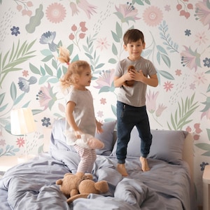 Pastel Color Flowers Dreaming Wallpaper, Floral Wall Decor, Mint Green Nursery Wall Mural,Spring Flowers Wallpaper,Removable Wallpaper.