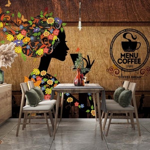Elegante donna Coffee Shop Wallpaper, Coffee Wall Mural, Floral Woman Cafe Mural, Cafe Wall Cafe Cafe Paperper, Elegante carta da parati personalizzabile