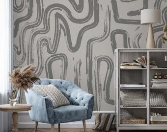 Abstract Lines Wallpaper: Beige Boho Wall Decor, Peel and Stick