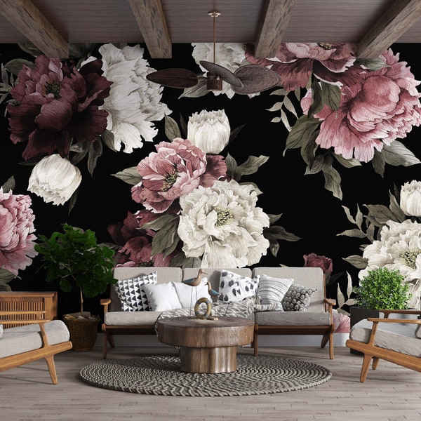 Peony Flower Wallpaper Mural with Watercolor Peony Blossoms, Peel and Stick Wallpaper, Floral Wall Mural, Black Backraund Floral Wallpaper