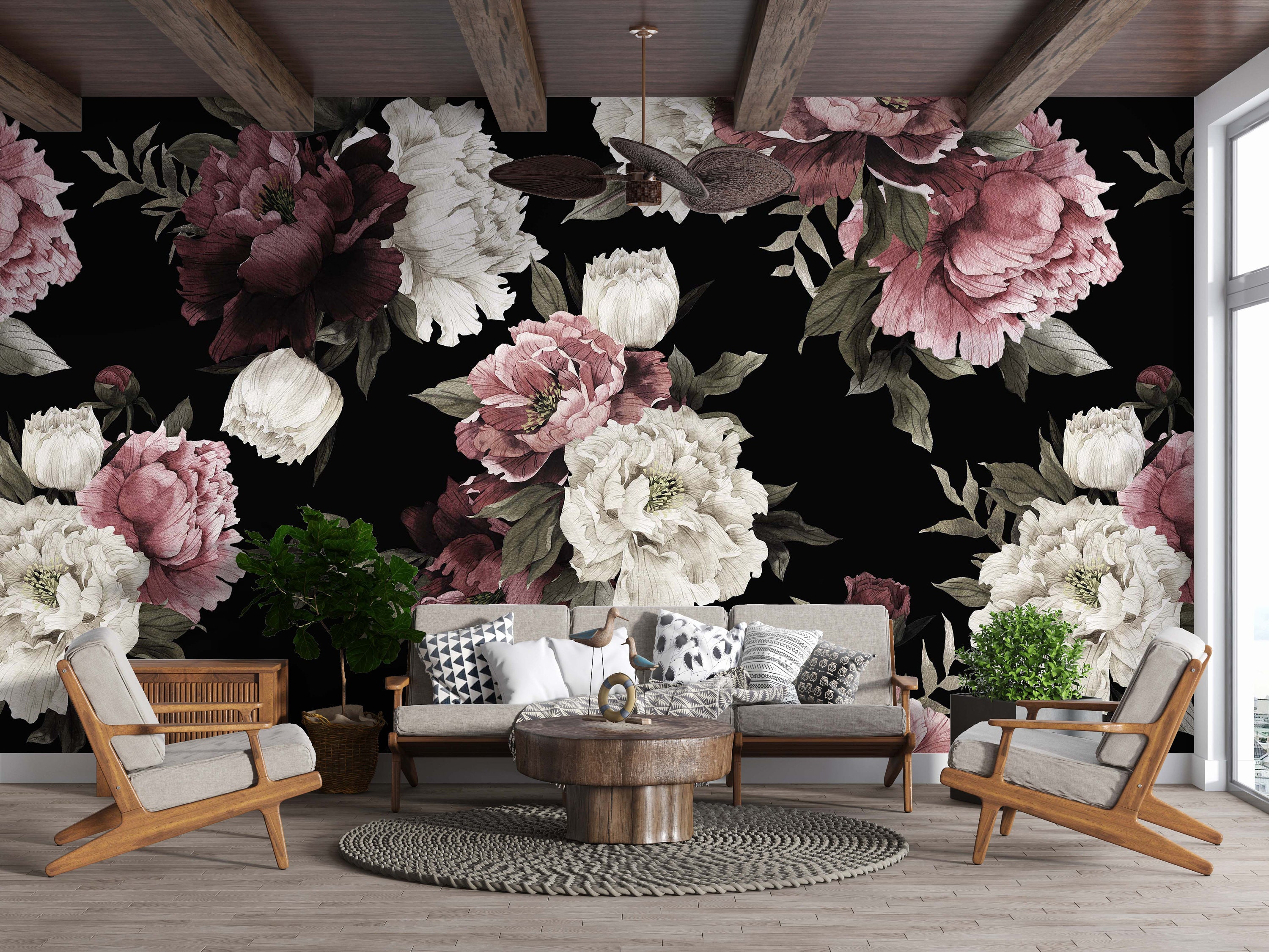 Peony Floral Wallpaper Mural, Watercolor Blossoms, Black Background ...