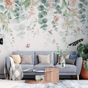 Watercolor Soft Florals Wallpaper, Spring Flower Leaves Mural, Customizable Wallpaper, Easy Peel and Stick, Wallpaper