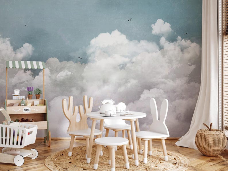 Blue Sky Clouds Wallpaper, Watercolor Peel and Stick Wall Mural - Etsy