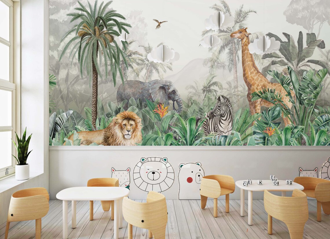 Kids Safari Jungle Animals Wallpaper, Watercolor Tropical Forest Wall ...