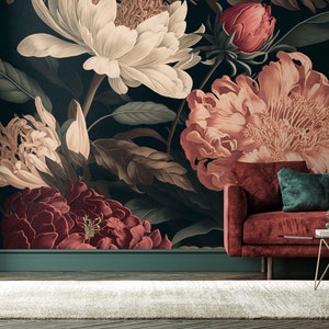 Dark Floral Wallpaper, Vintage Wall Mural, Flower Wall Mural, Floral Peel and Stick Wallpaper,Peony Flower, Removable image 1