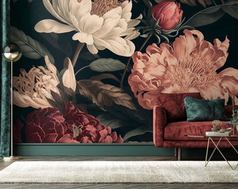 Dark Floral Wallpaper, Vintage Wall Mural, Flower Wall Mural, Floral Peel and Stick Wallpaper,Peony Flower, Removable