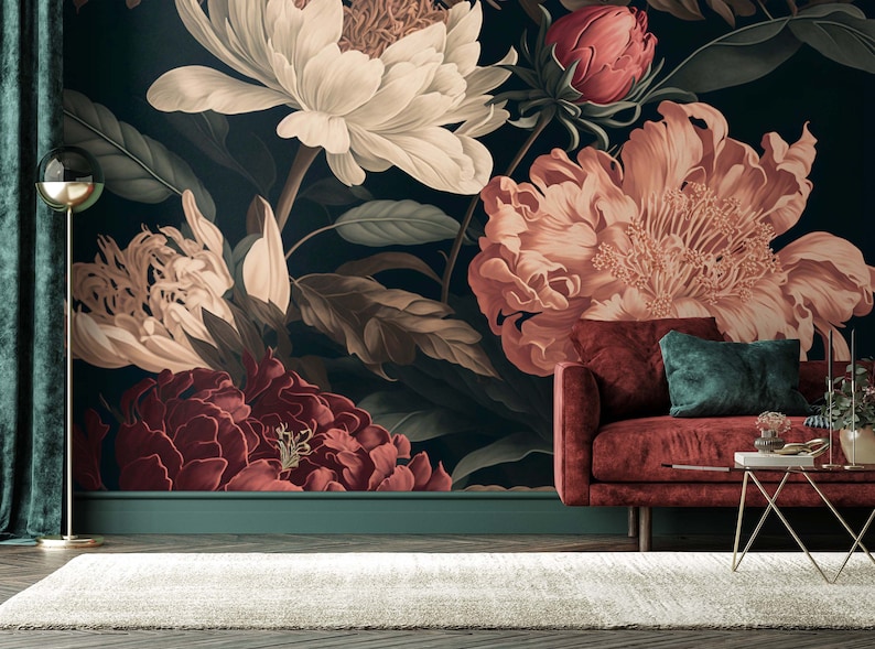 Dark Floral Wallpaper, Vintage Wall Mural, Flower Wall Mural, Floral Peel and Stick Wallpaper,Peony Flower, Removable image 1