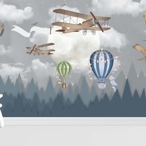 Steampunk Hot Air Balloon Wallpaper: Customizable Kids Nursery Mural