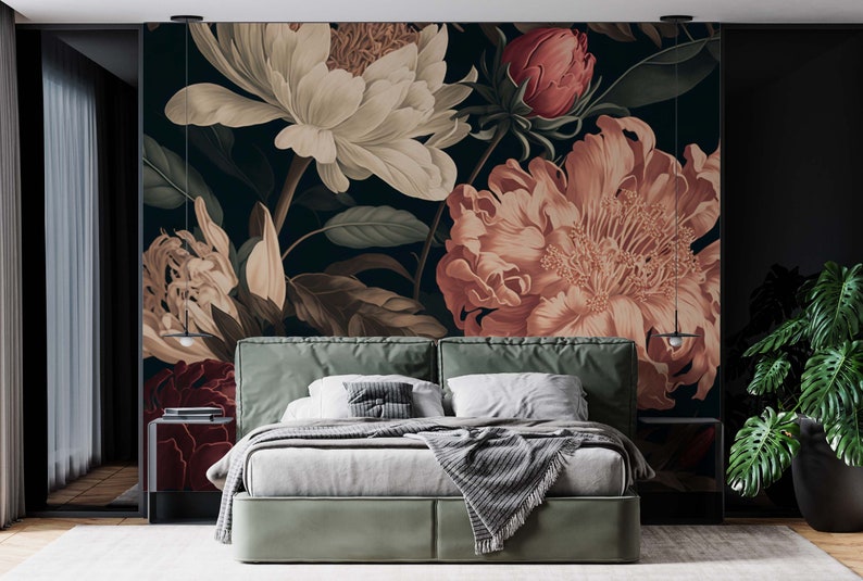 Dark Floral Wallpaper, Vintage Wall Mural, Flower Wall Mural, Floral Peel and Stick Wallpaper,Peony Flower, Removable image 4