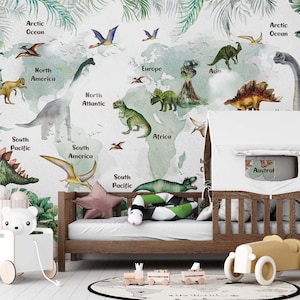 Prehistorie dinosaurussen wereldkaart, tropisch bos wereldkaart muurschildering, dinosaurus behang voor kinderen, aquarel muur muurschildering, aanpasbare muurschildering