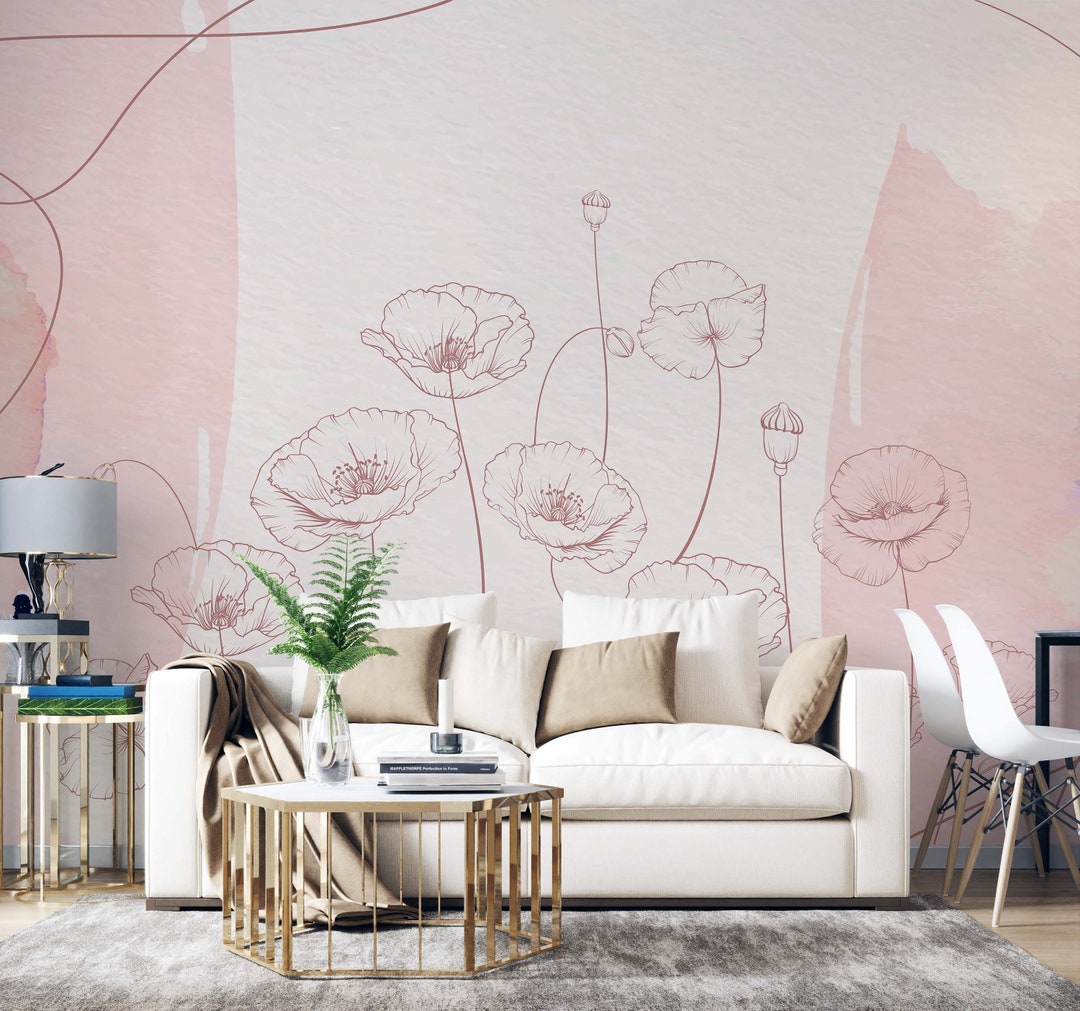 Watercolor Poppy Flower Wall Mural: Pink Floral Removable Wallpaper - Etsy