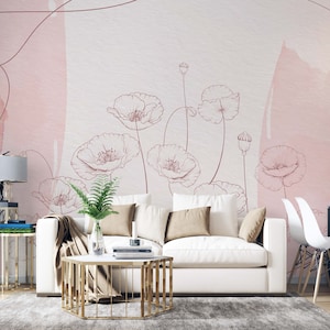 Decorazione murale con fiore di papavero ad acquerello, carta da parati floreale, papavero rosa, carta da parati rimovibile dal design elegante