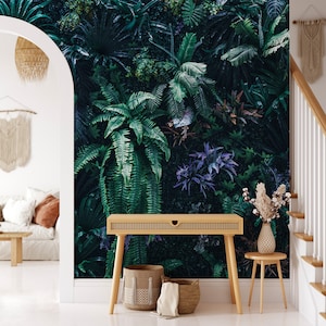 Murale con foglie esotiche, Carta da parati con foglie tropicali, Peel and Stick, Carta da parati tropicale scura, Decorazione murale elegante, Foglie di Monstera