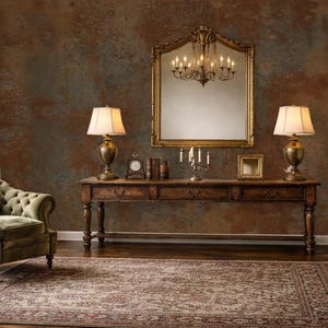 May include: An interior shot of a room with a vintage aesthetic. A large ornate mirror with a chandelier hangs above a wooden console table. Two lamps, books, and decorative items sit on the table. A patterned rug and a green armchair complete the scene.