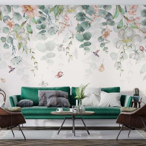 Aquarelle de fleurs douces, papier peint fleurs printanières, feuilles d'eucalyptus, aquarelle de fleurs, papier peint autocollant