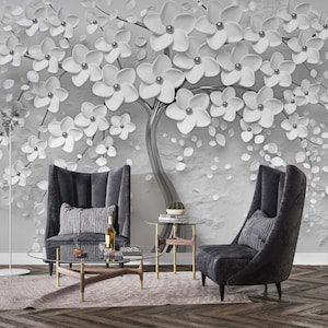3D Flowers Silver Tree Body Wallpaper, 3D Looking Wall Decor, Stylish Floral Art Decor, Personalized Wall Mural,Self Adhesive Wallpaper