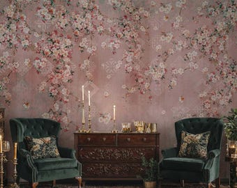 Carta da parati Chinoiserie con fiori di ciliegio - Murale da parete Chinoiserie rosa - Carta da parati autoadesiva