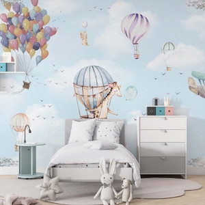 Hot Air Balloon Kids Wallpaper: Flying Animals Nursery Mural