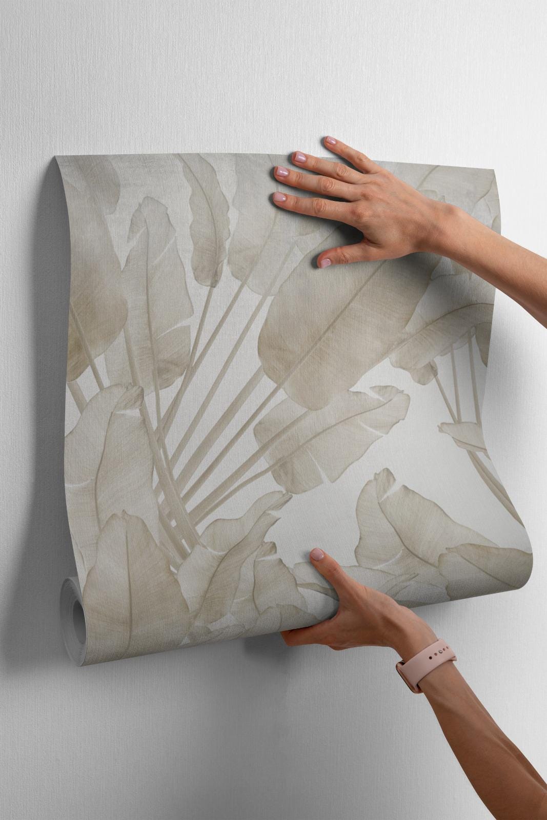 Tropical Wall Wallpaper, Beige Peel and Stick, Banana Leaves Mural ...