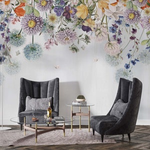 Colori tenui Denti di leone, viole, farfalle Carta da parati floreale stile vintage dettagliata, acquerello murale personalizzabile