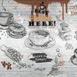Coffee Wallpaper,Bager Wall Decor,Coffee Shop Wall Mural, Customizable Cafe Wallpaper, Peel and Stick