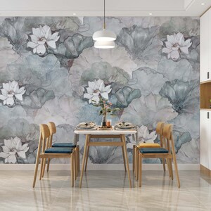 Fond d'écran de fleurs de lotus, peinture murale élégante vintage, peinture murale aquarelle de couleurs pastel, grand décor de mur de fleurs de feuilles de lotus, peinture murale vintage
