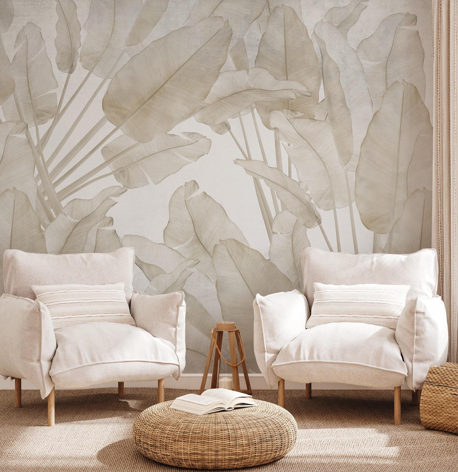 Tropical Wall Wallpaper, Beige Peel and Stick, Banana Leaves Mural ...