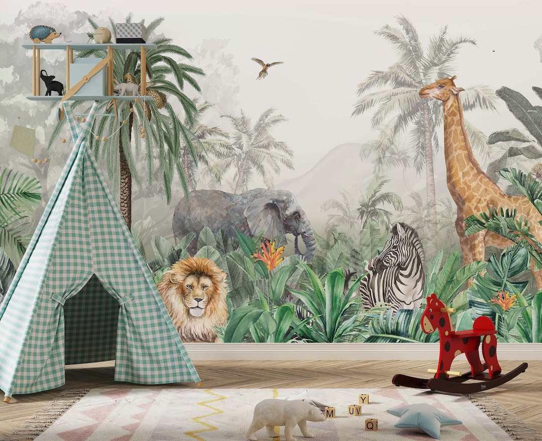 Kids Safari Jungle Animals Wallpaper, Watercolor Tropical Forest Wall ...