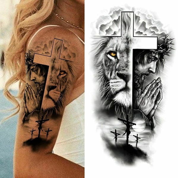Temporary Unisex Tattoo Half Sleeve Lion Tattoos Religion Full Arm Tattoos Sticker Waterproof Fake Tattoo Stickers Tattoos Jesus Tattoo