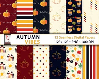 Könnte beinhalten: Zwölf digitale Papiere mit Herbstmotiven. Die Papiere zeigen Kürbisse, Blätter, Streifen, Punkte, Regenbögen und Sonnen. Die Papiere sind 30,5 cm x 30,5 cm groß und haben eine Auflösung von 300 DPI.