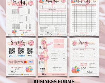 May include: A set of printable business forms for a small business called "Creative Corner by Andie". The forms include a price list, order form, order tracker form, invoice, and a scan to pay section with QR codes for PayPal, Venmo, and Google Pay. The forms are decorated with a watercolor illustration of yarn balls and a pink ribbon.