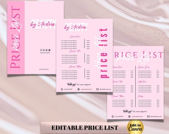 Pink Feminine Editable Price List Template, Printable Business Pricing Template, Modern BeautyLash Nails Price List Price List Template