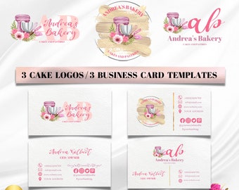 Watercolor Custom Bakery/Pastry/Cake Logo & Business Cards Design | Professional Digital Package for Bakeshops | Etsy Shop | Edit in Canva