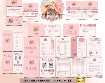 May include: A pink and white crochet branding kit with a variety of templates for a small business. The kit includes a price list, order form, gift certificate, invoice, thank you card, loyalty card, and scan to pay cards. The kit also includes a logo with a hand holding a crochet hook and yarn.