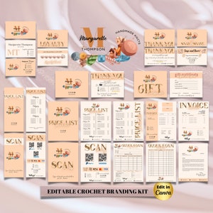 May include: A branding kit for a crochet business with a peach and gold color scheme. The kit includes a logo, price list, thank you card, gift certificate, invoice, order form, and scan to pay cards. The logo features a stylized letter M with flowers and a crochet hook.