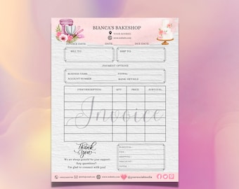 Pink EDITABLE Invoice Form Template Printable Invoice Form Bakery Cake Business Invoice Billing Form Template Small Business Invoice Form
