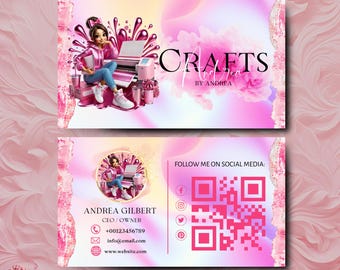 May include: Pink and white business card with a cartoon illustration of a woman using a craft cutting machine. The text on the card reads "Crafts by Andrea" and includes contact information and a QR code.