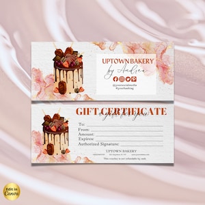Custom Cake Bakery EDITABLE Gift Certificate Template Pastry Cake Printable Gift Voucher Design Gift Certificate Gift card Home Bakery Gift