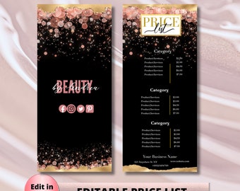 Black Editable Price List Template, Printable Business Pricing Template, Modern Feminine Beauty Price List Template Brow Lash Beauty and Spa