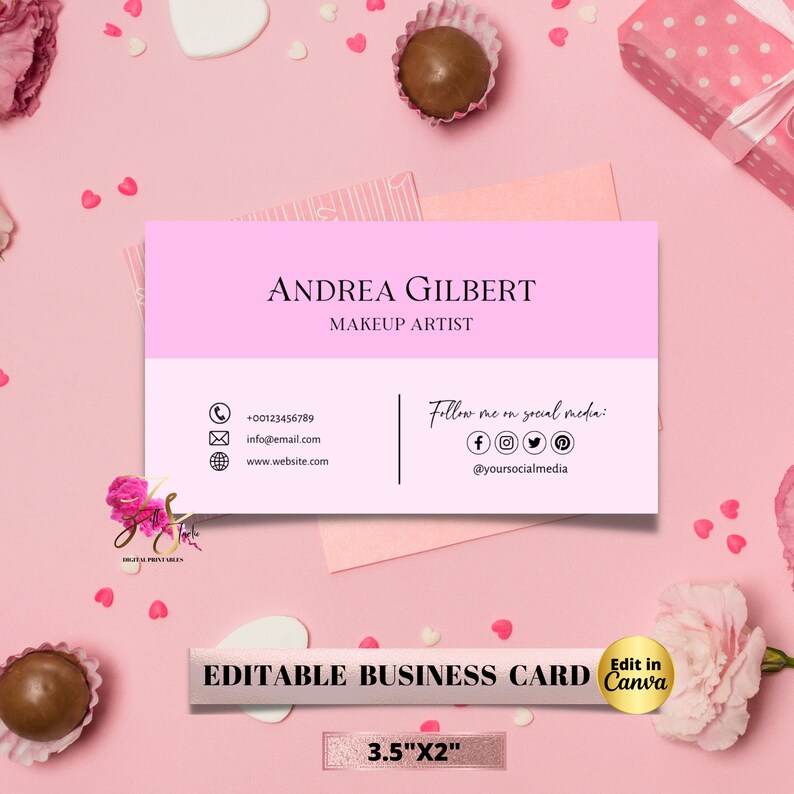 Editable Pink Business Card Template Pink Beauty Business Etsy