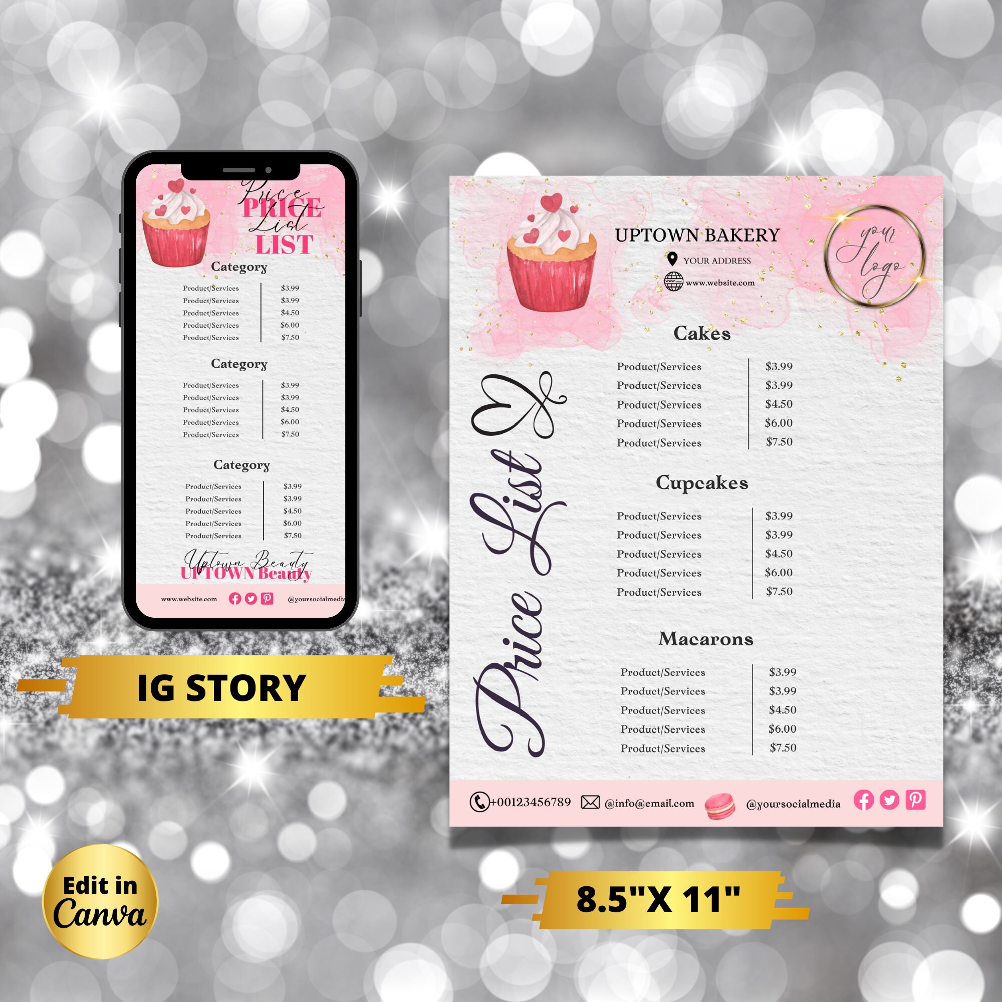 BAKERY Price List Template, Editable Modern Pricing Guide, Instagram