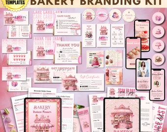 Op de afbeelding: Een roze en witte brandingkit voor bakkerijen met meer dan 200 sjablonen. De kit bevat logo's, social media graphics, cadeaubonnen, verzorgingskaarten, bedankkaartjes en een zakelijke planner. De kit bevat een grillige illustratie van een roze bakkar met zoetigheden.